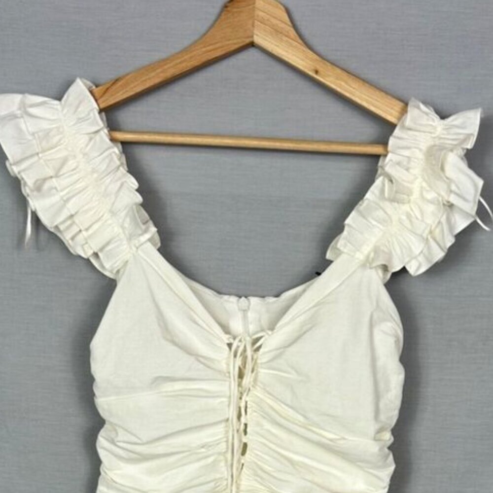 NWT Zara White Ruffle Sleeve Linen Blend Mini Ruched Dress Lace Up tie detail XS - Picture 7 of 15